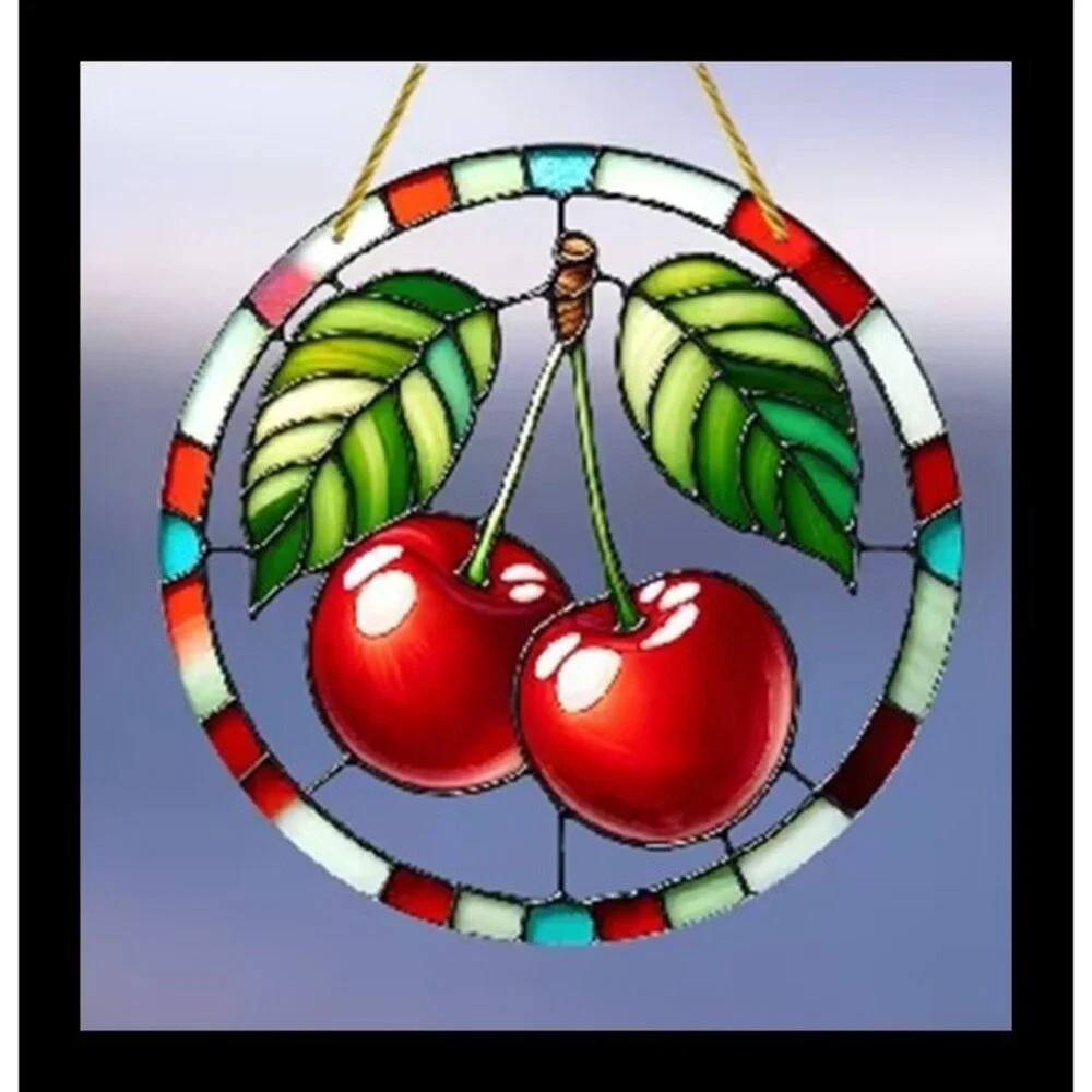 Flat 1pc Cherry-Themed Stained Suncatcher 8x8